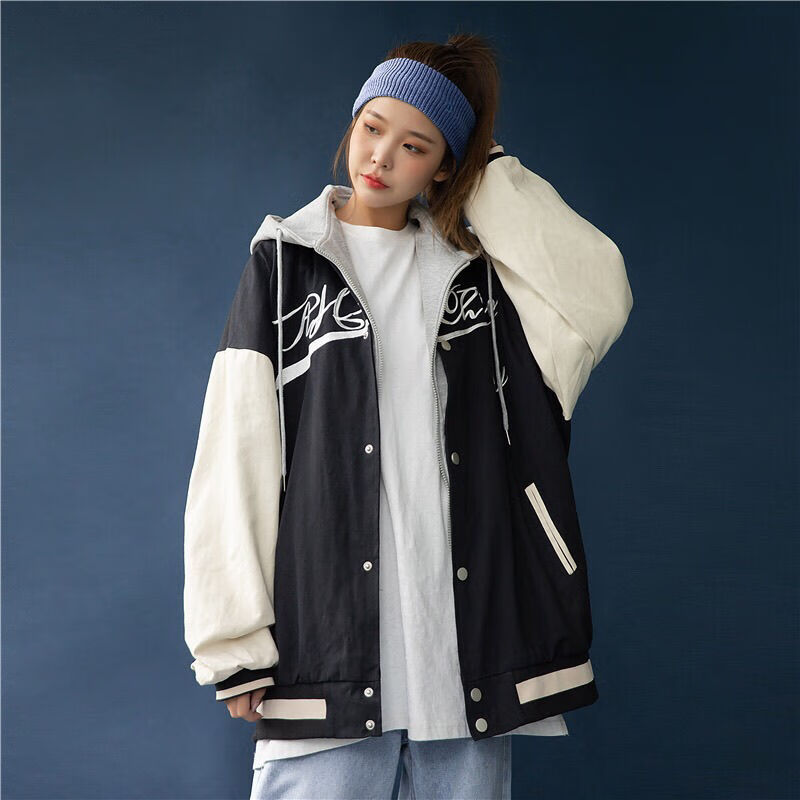 棒球服外套女宽松秋冬装新款韩版学院风连帽假两件夹克上衣潮 黑色 s