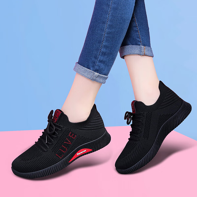 足力健鞋春秋女鞋飞织单网运动鞋休闲平底妈妈鞋旅游鞋轻便一脚蹬软底