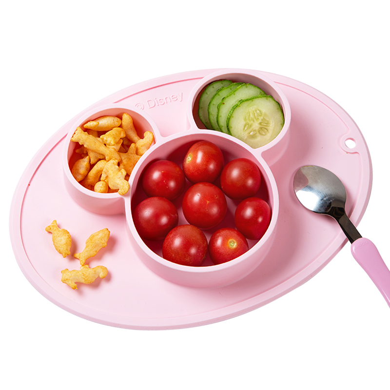 迪士尼（Disney）儿童餐具餐盘宝宝辅食碗分格餐具硅胶吸盘碗防摔创意卡通早餐碗椭圆形粉色米妮