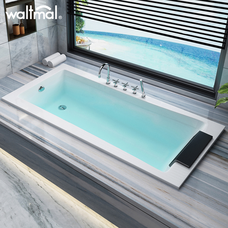 沃特玛（Waltmal） 亚克力嵌入式浴缸长方形成人浴池02820 1.4-1.7米 五件套 躺下龙头在右(含支架) 约1.6米