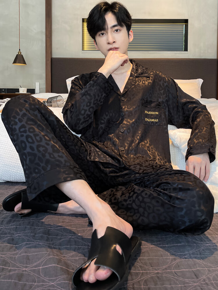 冰丝长袖长裤春秋天男士仿真丝绸宽松大码家居服套装 nsyxx-803豹纹男