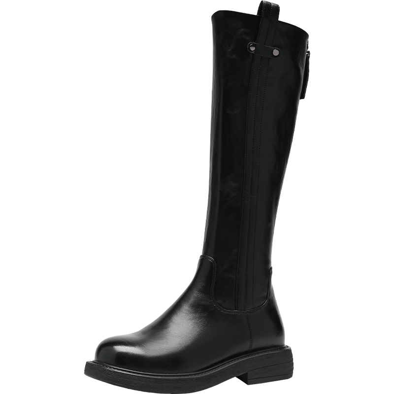 ZHR长筒靴女冬不过膝西部骑士靴平底皮带扣显瘦加绒靴子FK28A黑色39