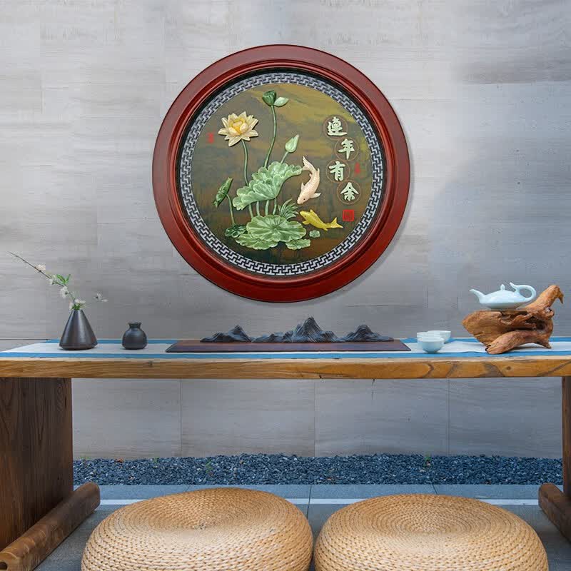 沃皓（wohao）东阳木雕入户软装新中式玉雕客厅墙壁装饰画背景墙玄关画挂画 85厘米×85厘米   连年有余 85cm*85cm