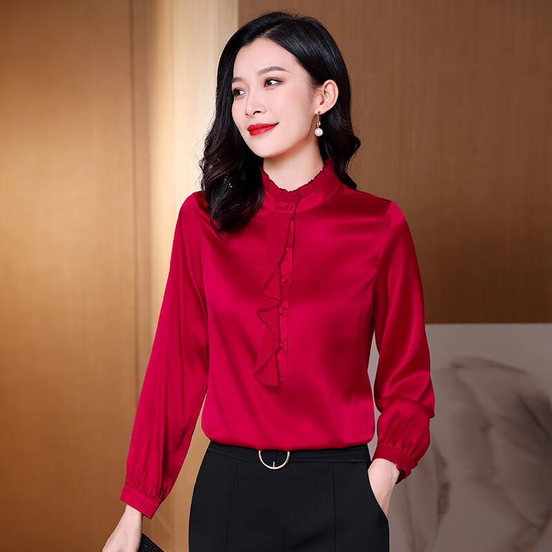 真丝衬衫女士2023夏季轻奢长袖桑蚕丝百搭衬衣高档设计感春秋款 红 