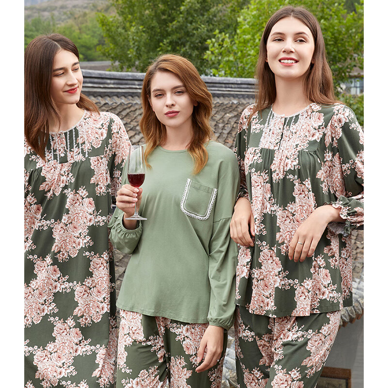 绮瑞女士可外穿家居服春秋莫代尔棉大码睡衣长袖国风文艺妈妈秋款 绿色 L(适合105-125斤)