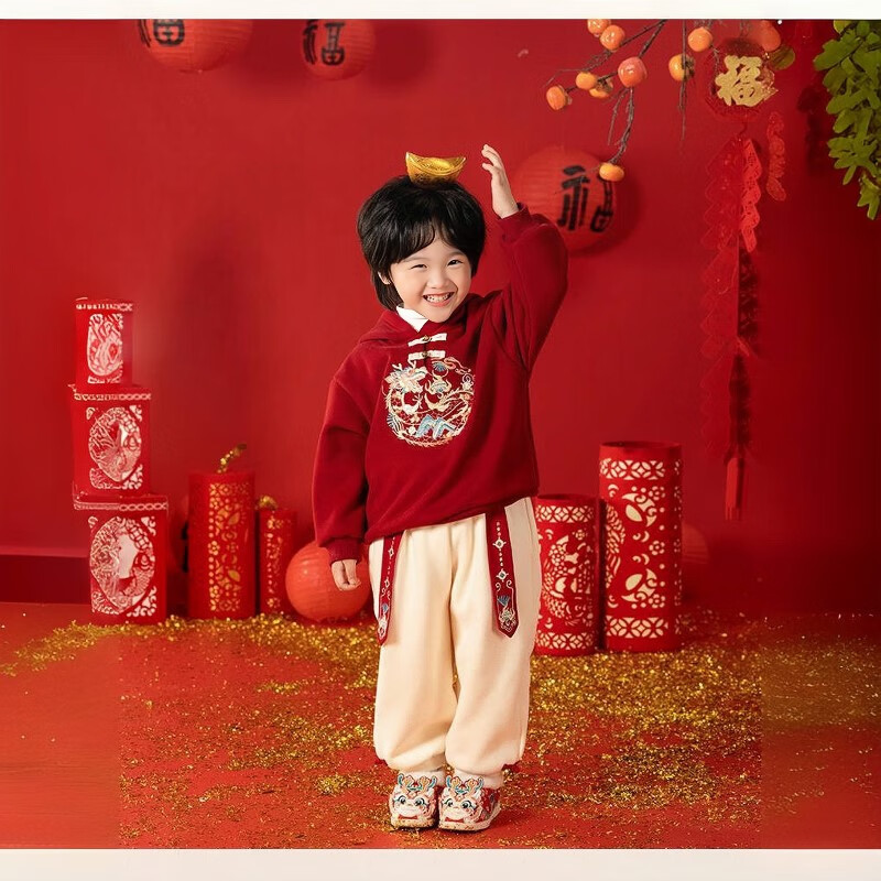 uosu儿童冬季加绒套装2024新款男女童装宝宝过年拜年服喜庆加厚两件套