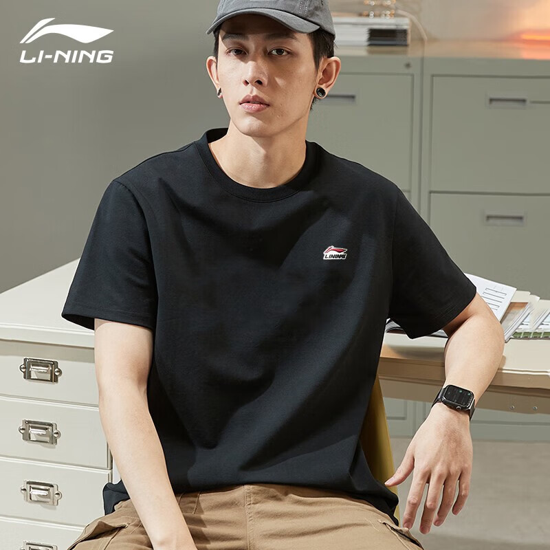 李宁短袖t恤男女同款2025夏季新品国潮刺绣logo棉质亲肤休闲运动上衣 黑色(小标) L