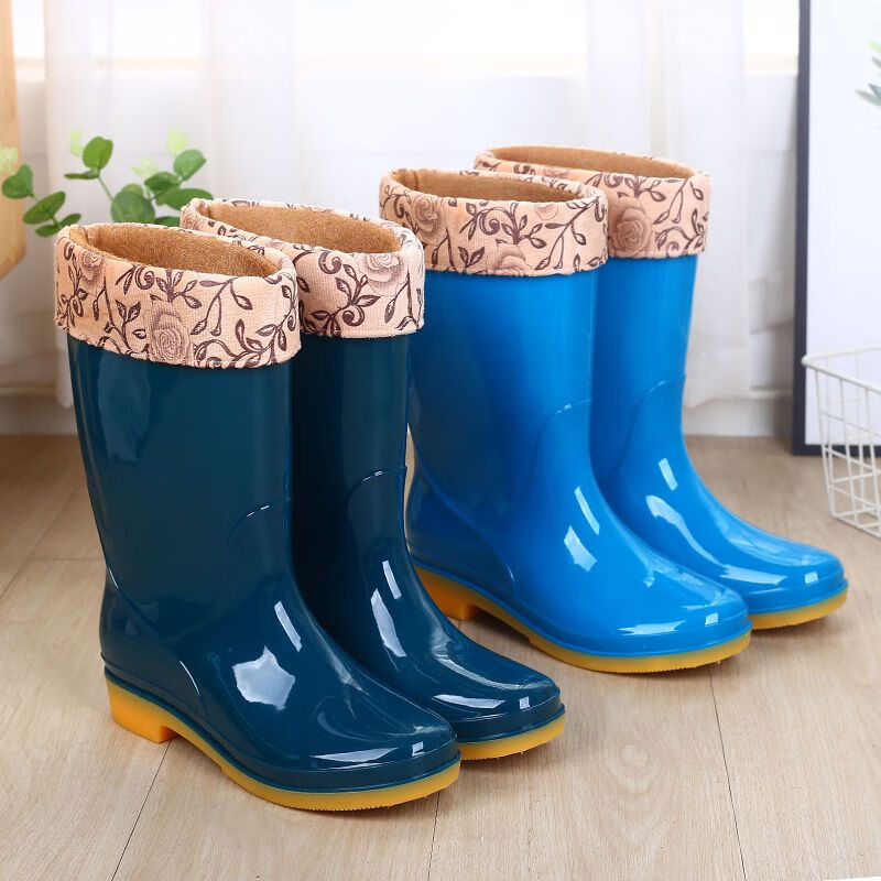 中筒雨鞋时尚防滑胶鞋雨靴水靴水鞋牛筋底劳保鞋防水鞋女加棉保暖 紫色-加绒款 36