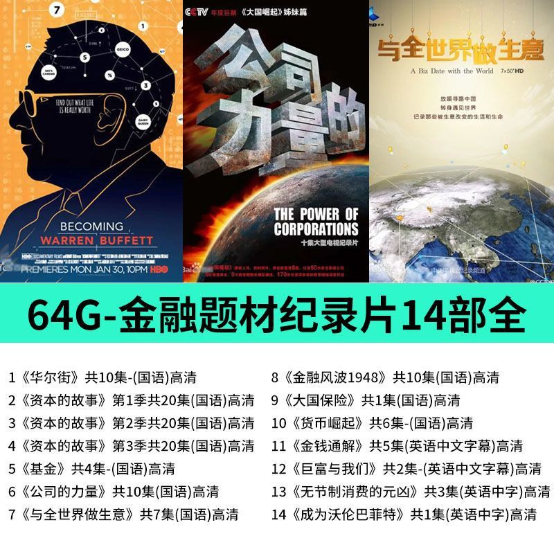法玛奇64G金融题材纪录片U盘高清mp4电脑电视唱戏机优盘 64G金融题材纪录片14部全U盘