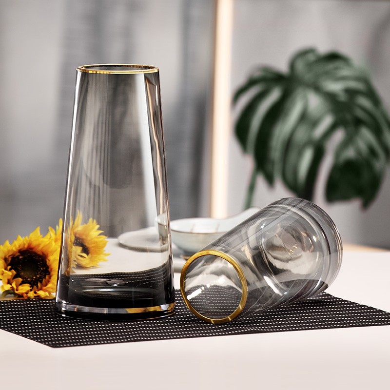 Foojo北欧风轻奢描金边玻璃花瓶摆件水培富贵竹玫瑰百合仿真花客厅桌面假花插花器高22cm描金烟灰色 虎窝购