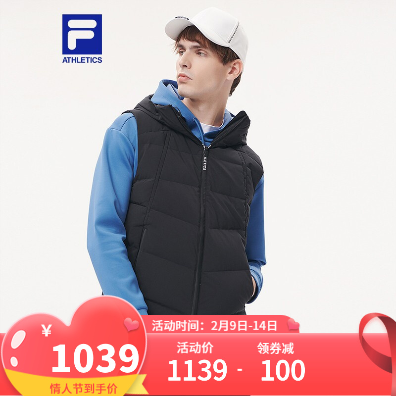 FILA ATHLETICS斐乐男装官方男子羽绒马甲2021冬季新款休闲单线纹马甲商场同款 深黑-BK 170/92A/M