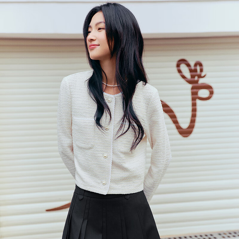 乐町韩系清甜小香风外套2025春季新款花边珍珠纽扣设计针织上衣 云雾白（现货） XS