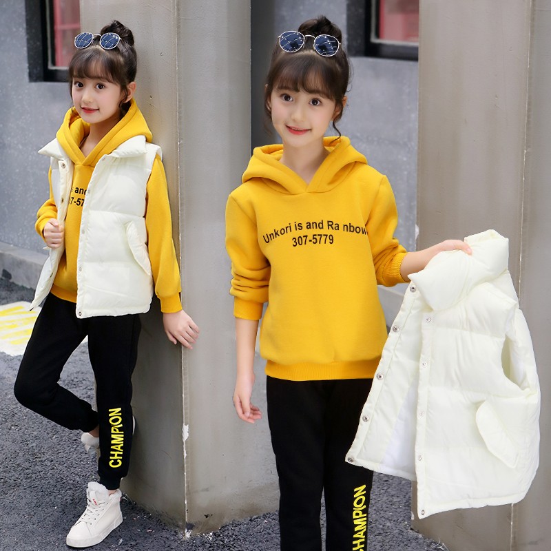 加绒加厚卫衣马甲长裤儿童女孩服装3-12岁小学生冬季衣服中大童女装