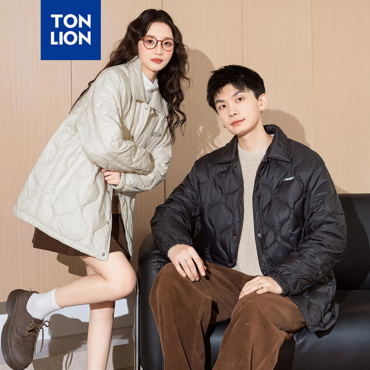 唐狮冬新款情侣翻领轻薄款羽绒服TB 女款/米白 M