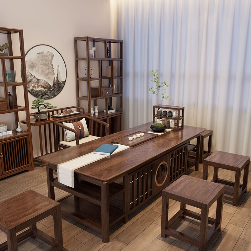 实木功夫茶几黑胡桃木现代办公室烧水壶一体茶台 馨月茶桌 1梳背4方凳