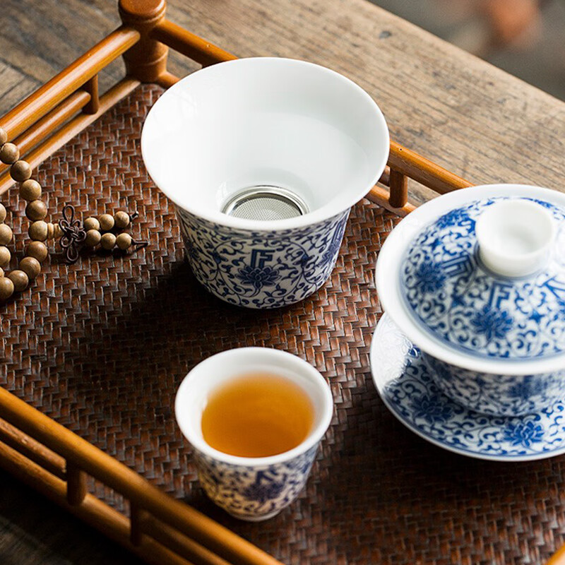 陶立方白瓷品茗杯甜白陶瓷杯彩绘单杯喝茶主人杯家用喝茶杯功夫茶具配件 甜白品茗杯-青花