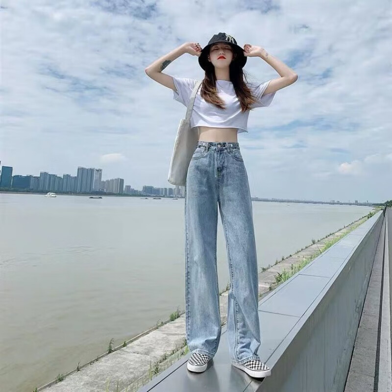 雷黛茜高腰阔腿裤显瘦牛仔裤女春秋2024夏季新款直筒宽松垂感拖地裤子潮 浅蓝色--九分 XS 建议75-85斤