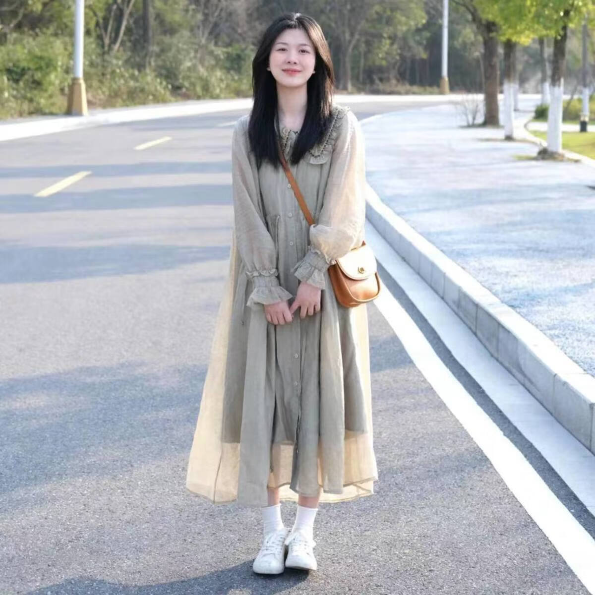 紫策高中女生法式衬衫复古风连衣裙清纯甜美温柔风娃娃领连衣裙女学生