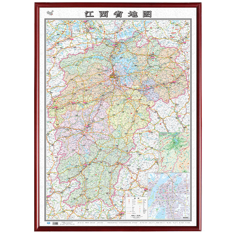 【定制边框】2022年 江西省地图 木框装裱 带框挂图 约1.1米*0.8米 红棕色边框