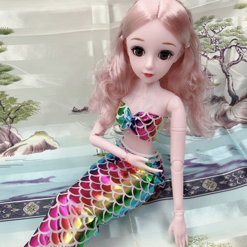 玩具换装洋娃娃衣服女孩公主裙时装美人鱼服 彩色美人鱼杏色卷发闭眼