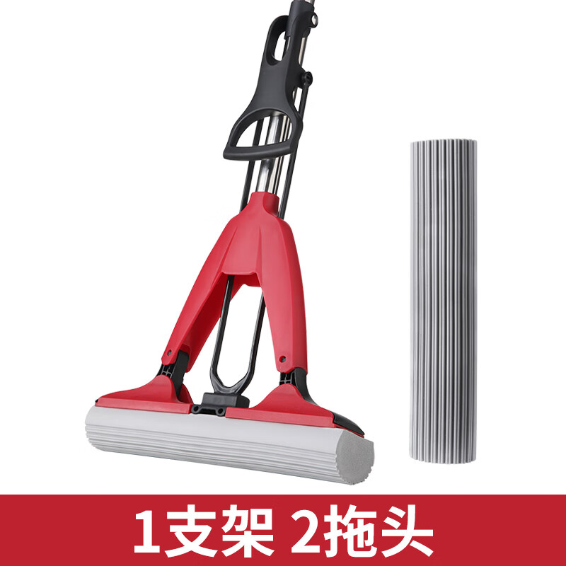 美丽雅对折胶棉地拖家用厨房浴室吸水拖把懒人免手洗墩布拖地神器一拖净 普通杆不可伸缩共2拖头28CM