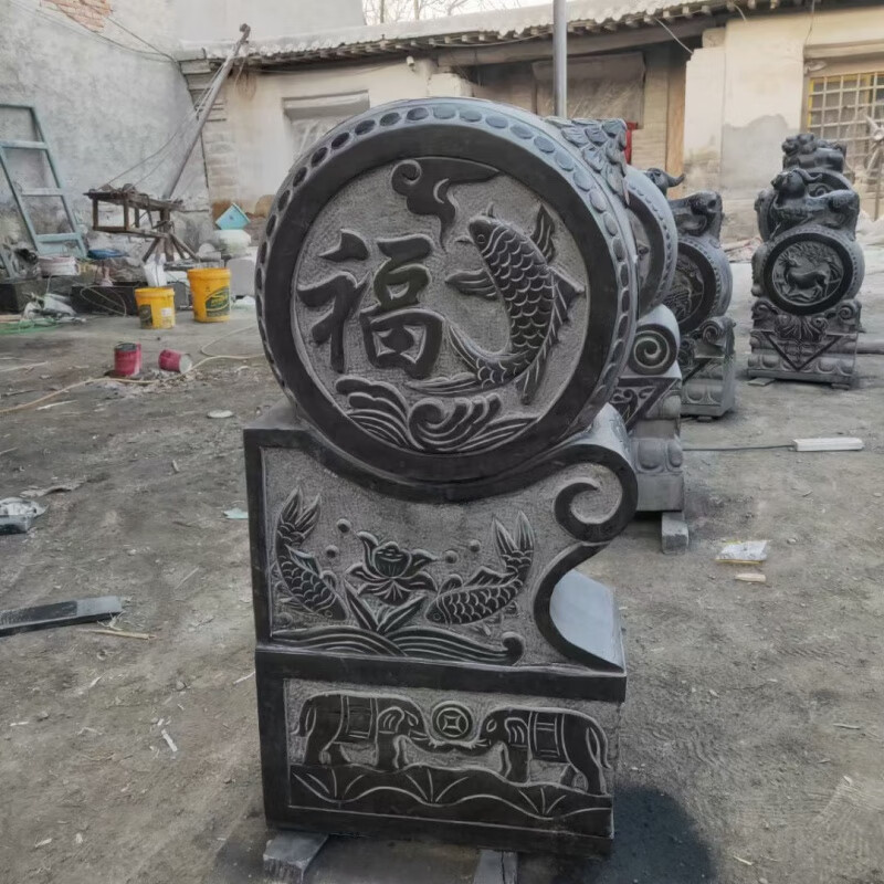 良然(liangran)门鼓抱鼓石一对家用看门狮子石鼓墩门 福鱼别墅门前