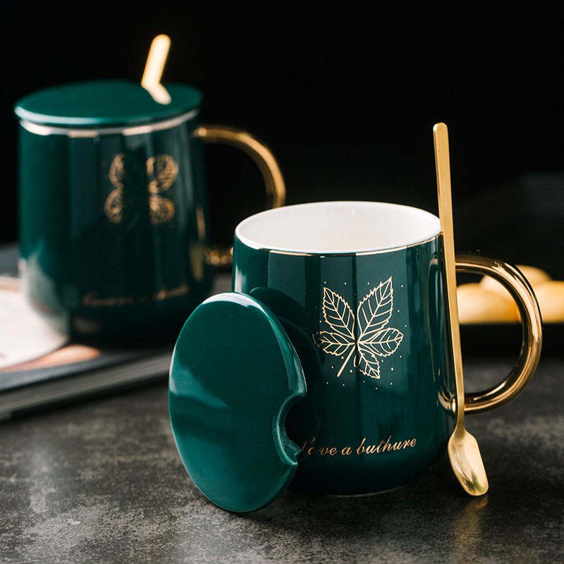 inscription 陶瓷马克杯咖啡杯 金柄带盖带勺男女水杯送礼 枫叶金把