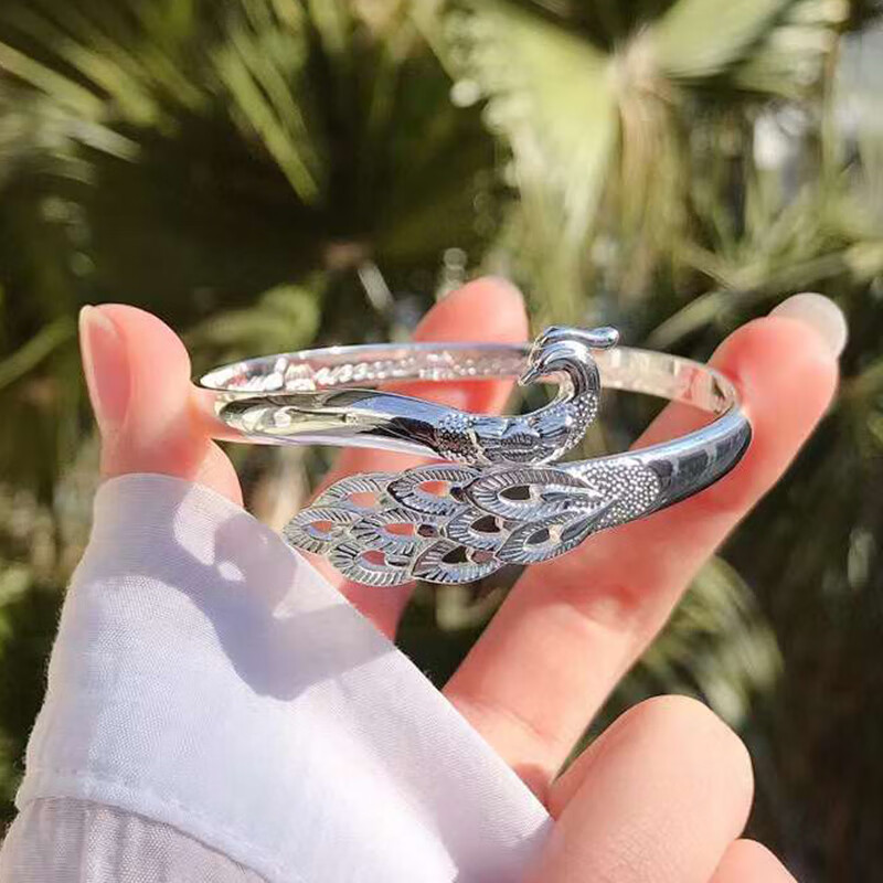 手镯女士时尚个性镂空活口银镯实心镯子手环 9999足银孔雀手镯约25克