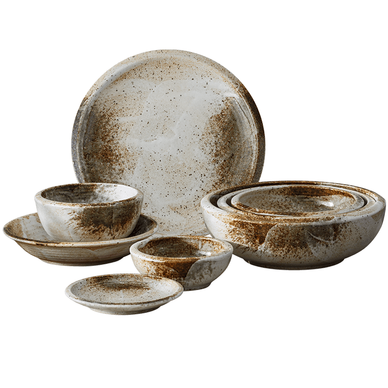 千代源雪志野燒日本侘寂風(fēng)仿粗陶餐具日式復(fù)古加厚缽?fù)胩沾赏朊嫱肷忱?7.8英寸深盤