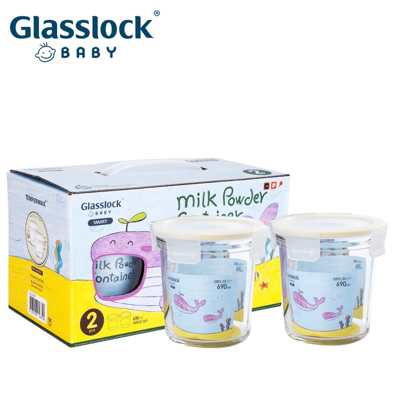 Glasslockbaby钢化玻璃宝宝奶粉盒汤粥碗加厚耐摔耐热保鲜盒大容量米粉盒690ml*2礼盒装