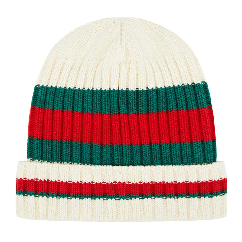 gucci 古驰 2023新品 儿童棉质红绿织带针织帽 象牙白/红绿 722528 4k