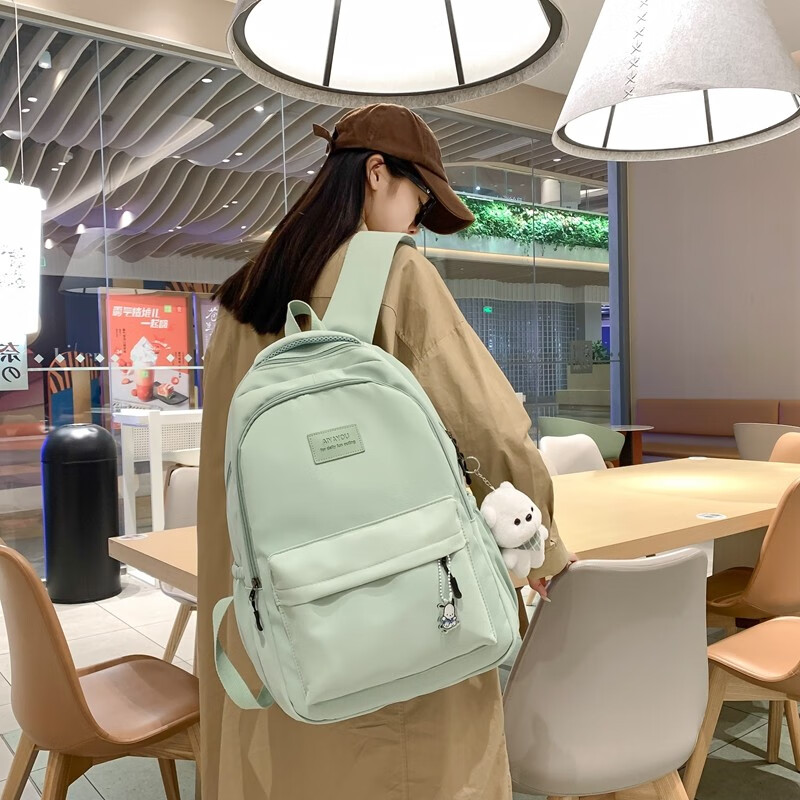 辰叙双肩包女2024新款背包大容量韩版简约纯色女生初中学生高中书包 黑色【小熊挂件】