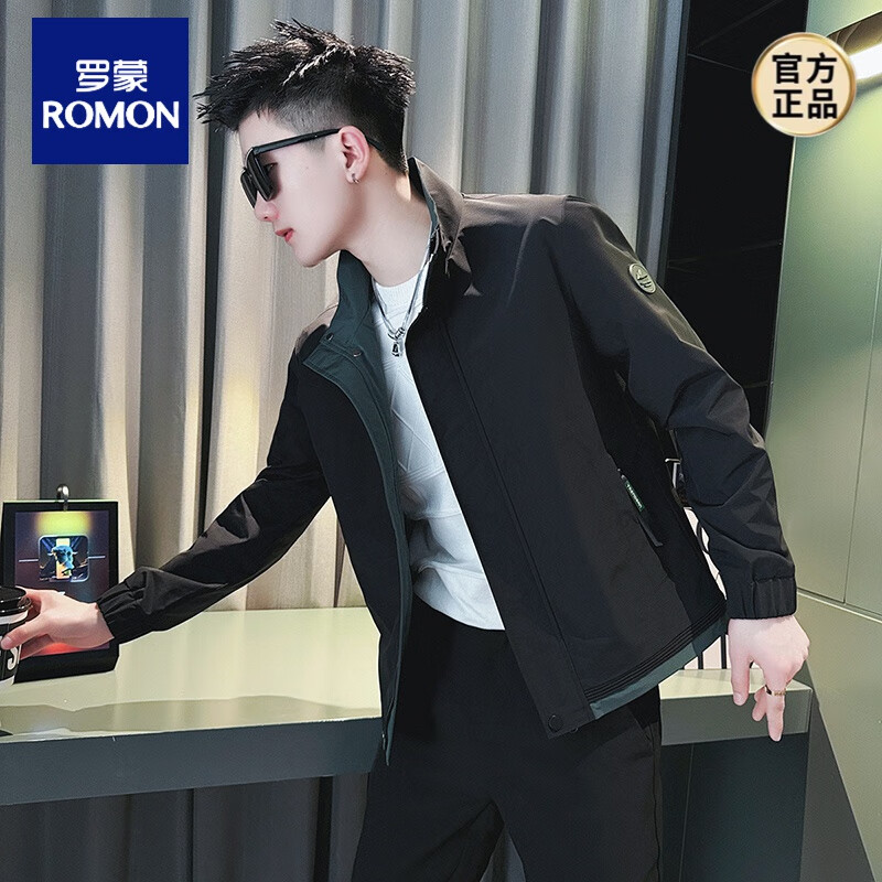 罗蒙（ROMON）高级感外套男春款潮牌痞帅撞色夹克衫2026新款男士休闲短款上衣 黑色 L 建议115-130斤