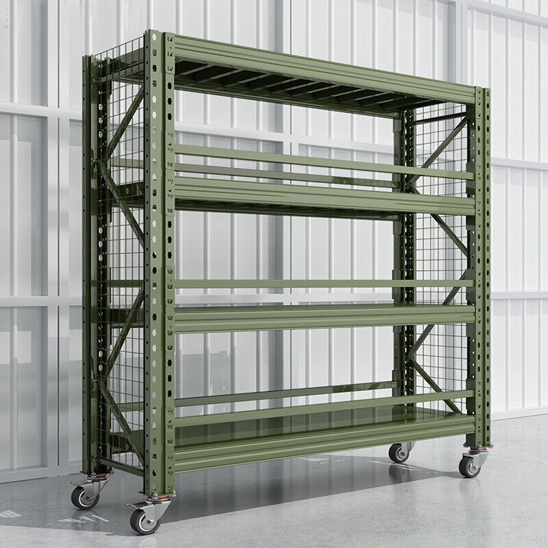 仓库重型货架可移动货架军绿色货架带轮子每层500kg长200宽60高165cm