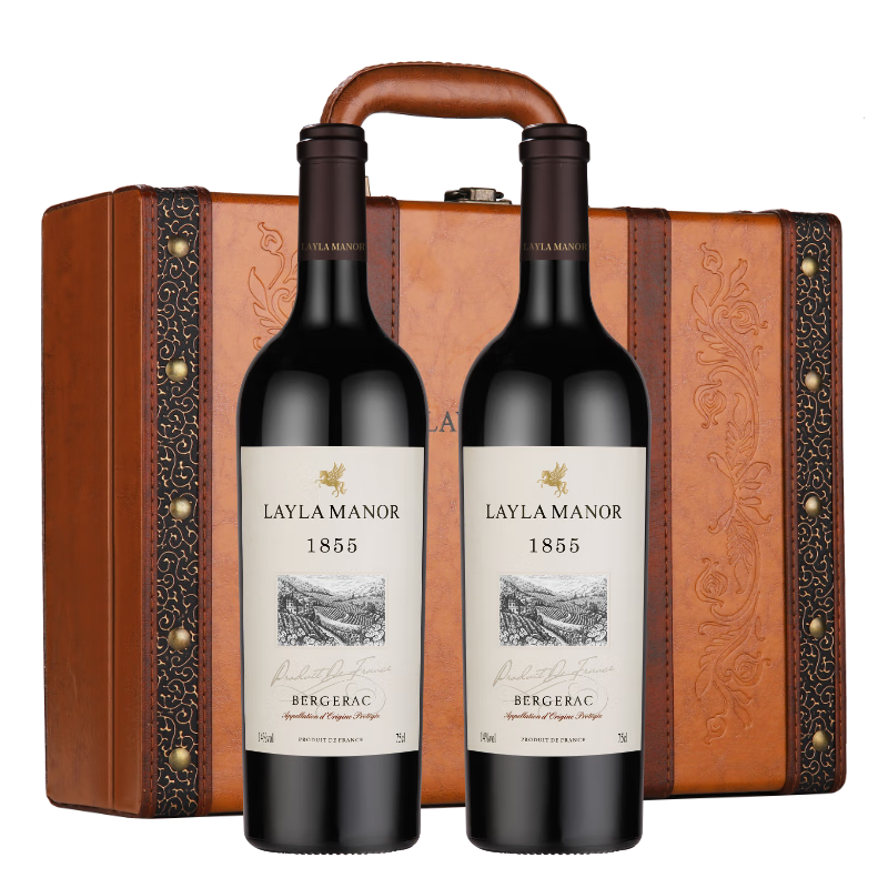蕾拉法国LAYLA MANOR进口14度AOP级干红葡萄酒皮质高档礼盒750mlX两支