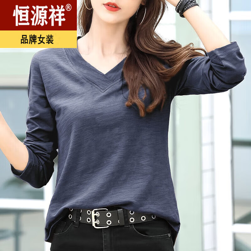 恒源祥【捡漏】t恤女纯棉宽松长袖t恤女装22年年新款冬季装纯色秋季