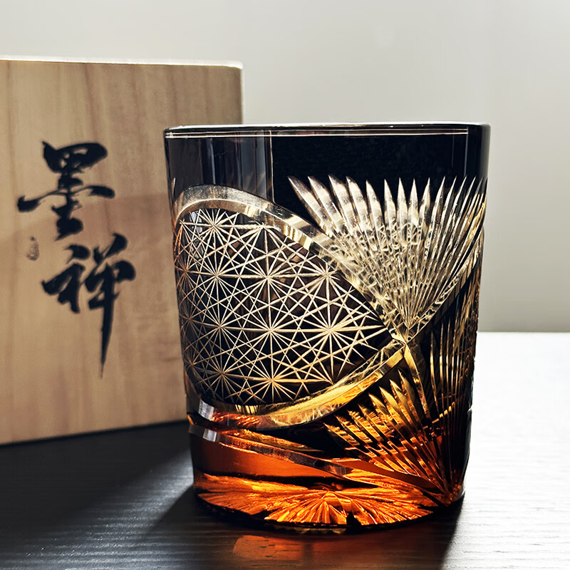 菩本家 江户切子酒杯鹤羽毛日式手工玻璃杯酒具雕花琥珀杯 鹤羽纹切子