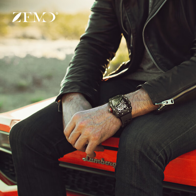 ZEMO男士手表十大品牌查理德镂空全自动机械表瑞士米勒轻奢防水名表男 酷黑橡胶带 超轻耐磨碳纤维