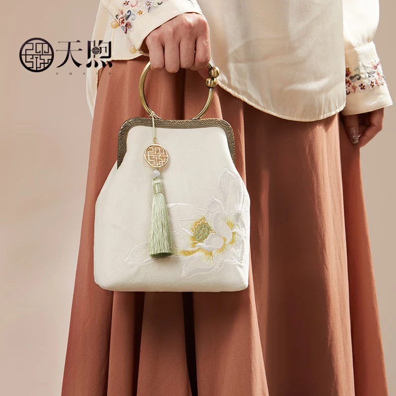 PmSix中国风刺绣女包竖款小包绣花旗袍包复古手拎包链条单肩包放手机包 白色-送礼盒+礼品袋