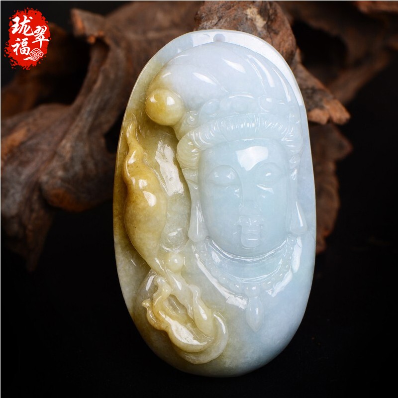珑翠福缅甸翡翠a货黄翡观音头吊坠大款立体玉观音头像玉佩玉坠挂件男