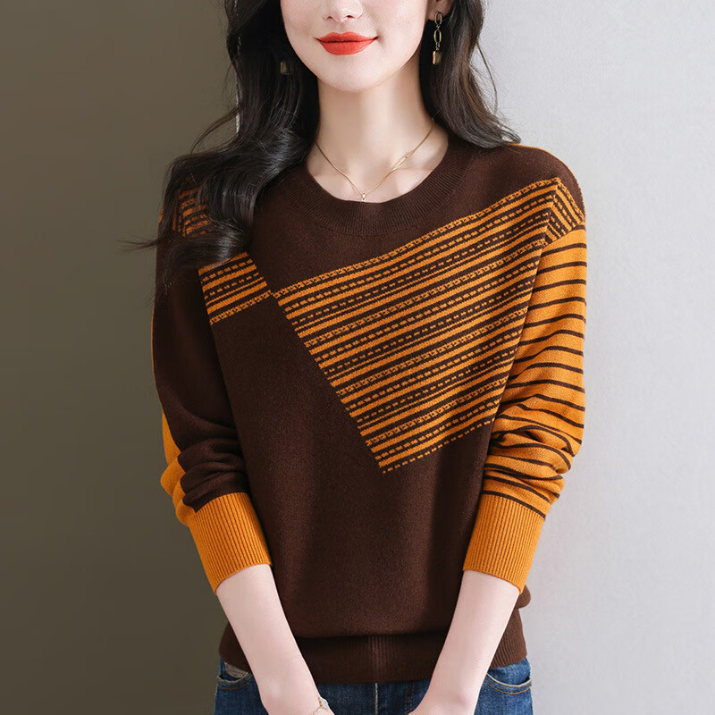 春装2024年新款长袖上衣针织打底圆领拼色毛衣女秋冬洋气小衫 咖 黄