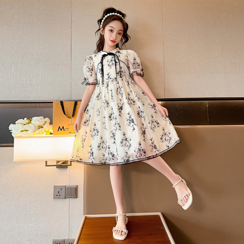 噜 c女童连衣裙子夏装新款大童女孩洋气短袖水墨风儿童改良旗袍裙