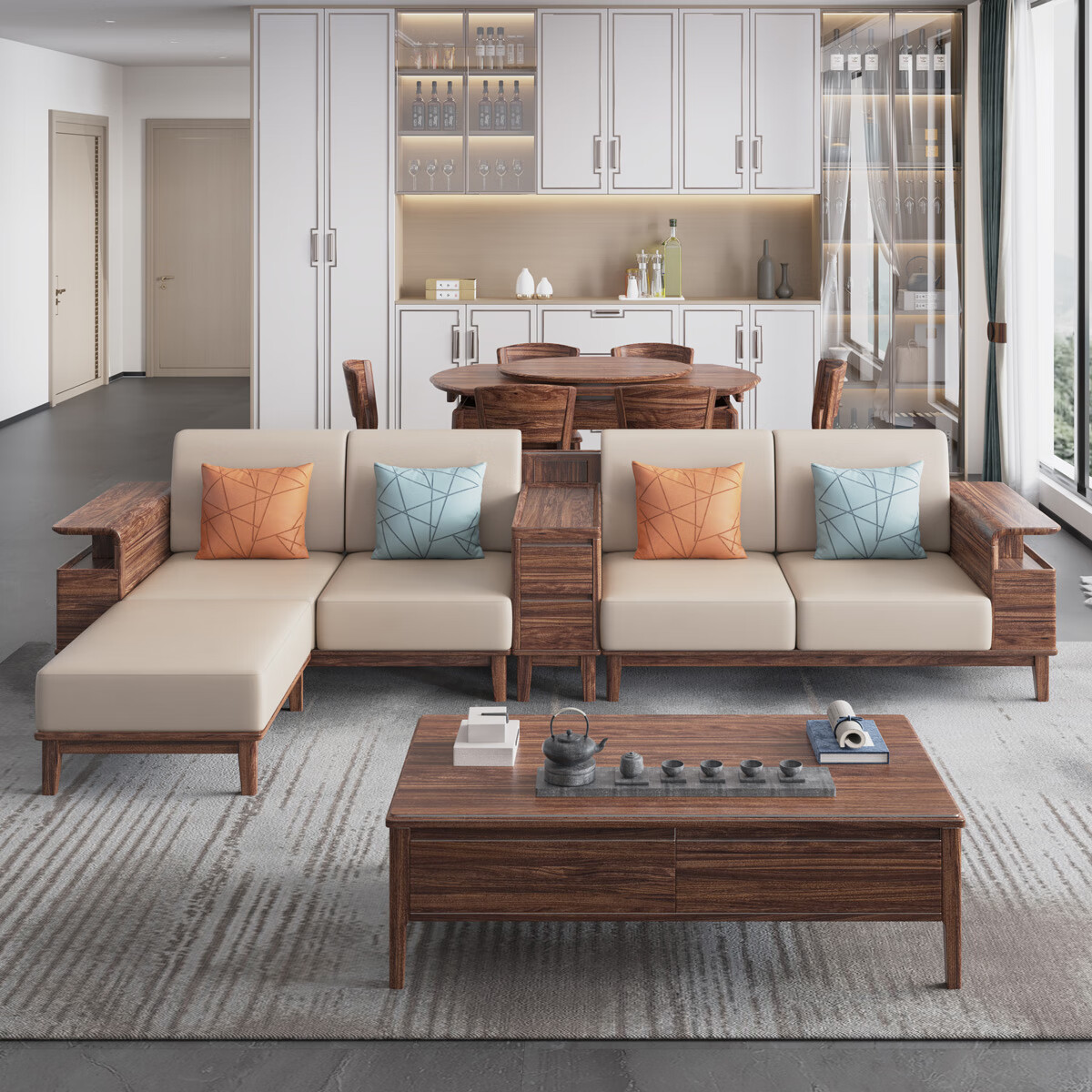 乌金木北欧简约转角贵妃客厅家用直排沙发冬夏禅意中式 乌金色 四人位