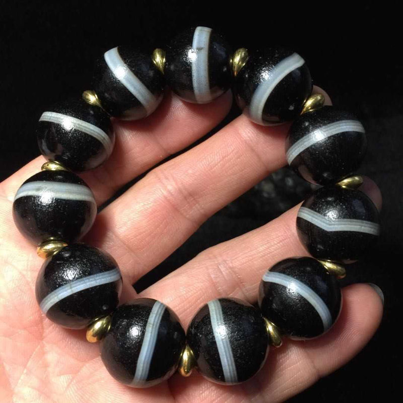 默奢 藏传页岩老玛瑙一线药师手串 圆珠 天珠手珠 手链 民族手饰20mm