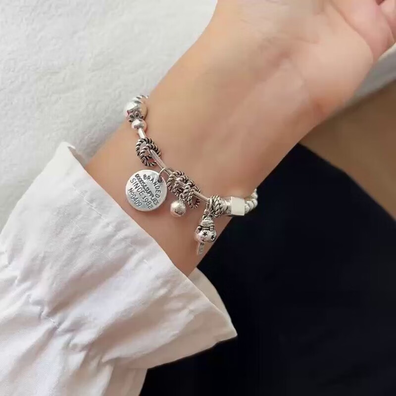 snqp奢小众时尚简约女手链生日礼物节日送女友 8猫圆牌银手链16厘米