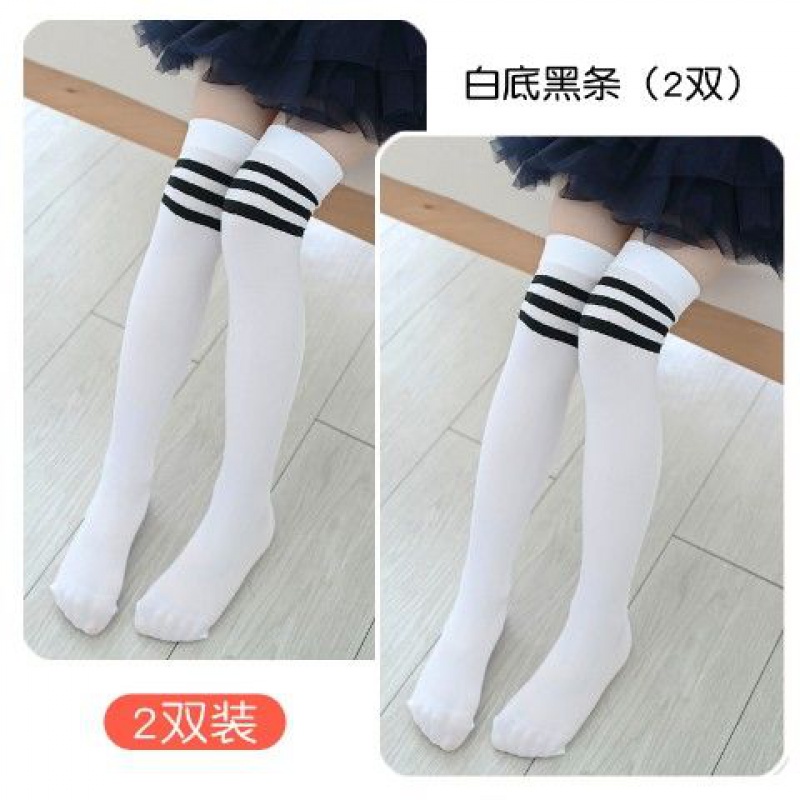 女童高筒袜夏季小女孩配裙子穿的长筒袜子儿童丝袜白色条纹女童 白底