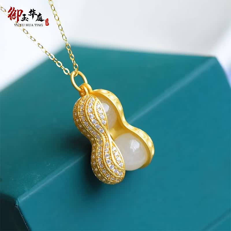 御玉华庭天然和田玉金镶花生吊坠女S925银古法精品女款锁长辈节日 和田白玉花生吊坠