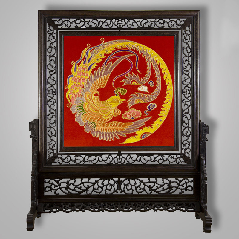品特产家用南京云锦 双龙云锦屏风 中国南京特色商务礼品 大红凤凰