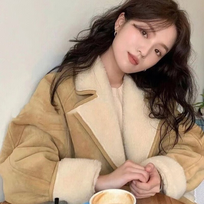 卡其色绒冬季皮毛一体加绒加厚 图片色好看/圆领/时尚/漂亮/马海 s