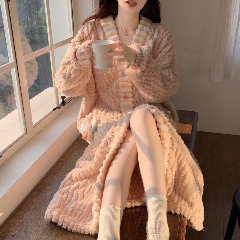 有只绵新款女士秋冬家居服加厚珊瑚绒睡衣大耳狗连帽可爱睡袍 彩虹睡袍 绿色 均码 (80-160斤)